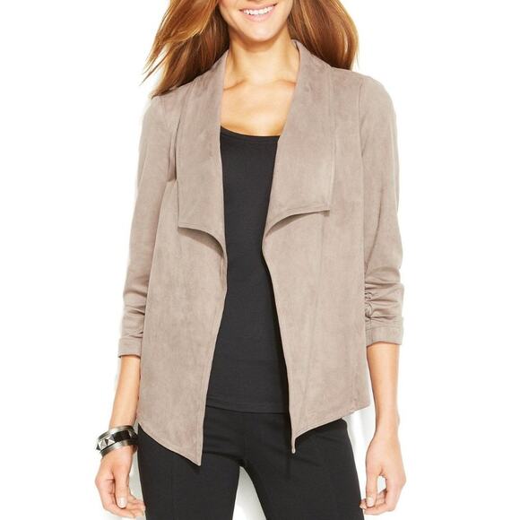 Alfani Asymmetric Jacket Women M Soft Taupe Faux Suede Waterfall Ruched Sleeve - Picture 1 of 8